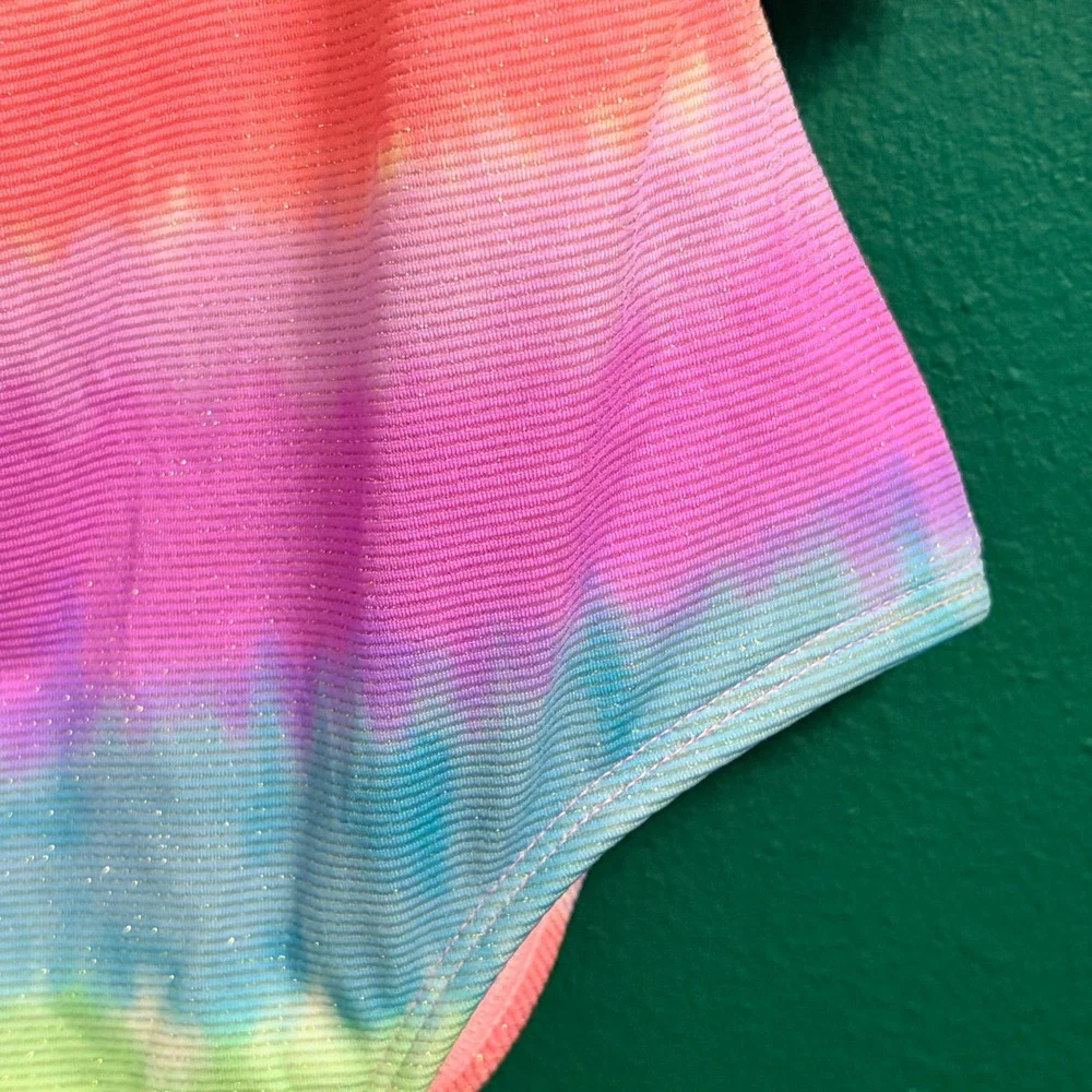 Cat & Jack Rainbow Glitter Ribbed 1pc UPF50 Swim Bathing Suit Large 10/12 NWT